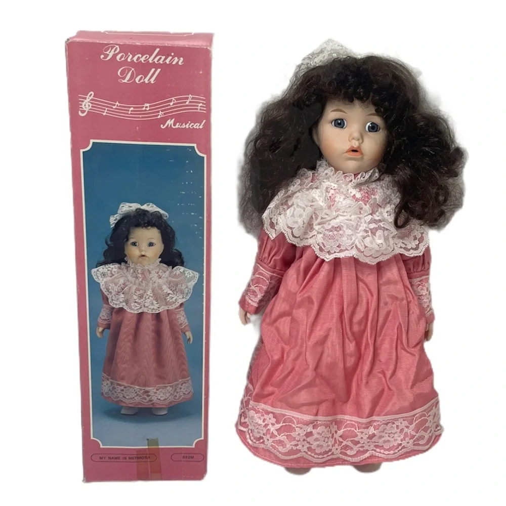Vintage Music Box Doll Porcelain Musical Mermosa Cottage Core Lace Collectible